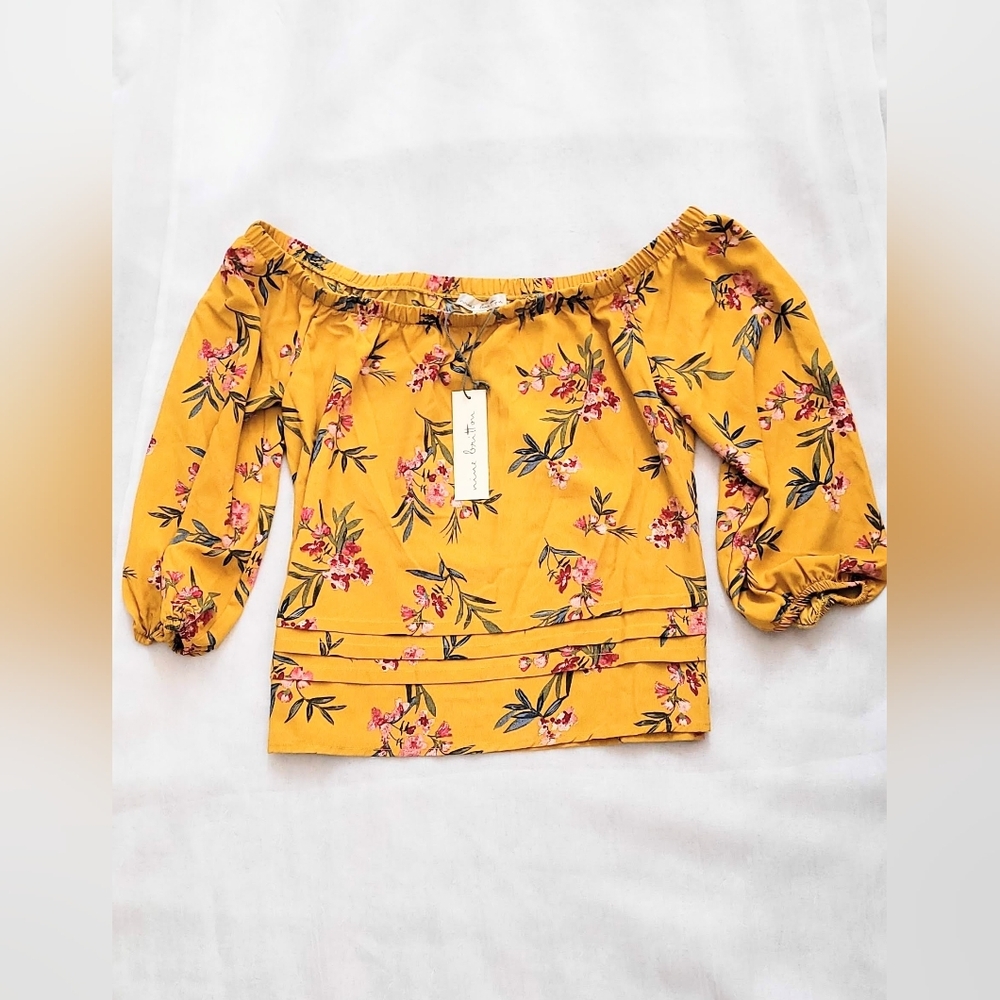 NWT! Fall Marigold Yellow Floral Boho Peasant Blouse Women's Luxe Crop Top Small